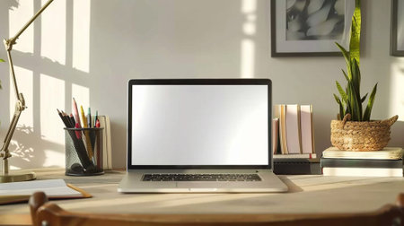 Laptop with an empty display on a modern desk, organized workspace, books and stationery, comfortable chairの素材