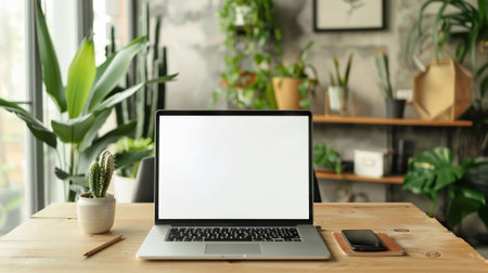 Home office with a laptop on a desk, blank screen, comfortable seating, plants, and modern design elementsの素材