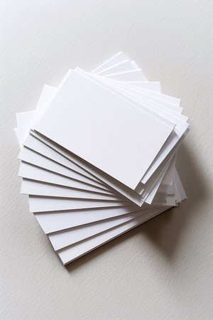 High-angle view of business cards fanned out on a white textured paper background, minimalist and professional lookの素材