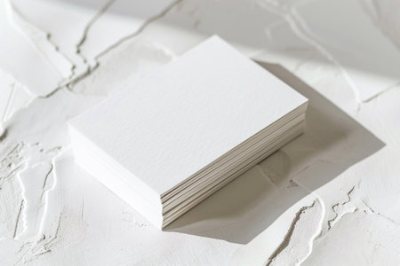 Mockup of a fanned stack of business cards on a white textured paper background, high-angle shot, minimalist styleの素材