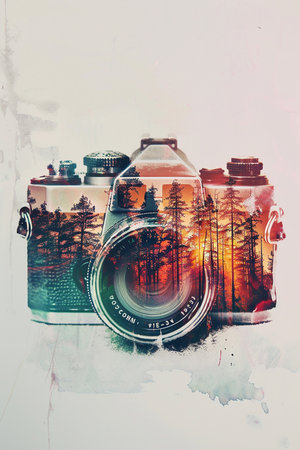 Retro camera with a watercolor forest overlay, double exposure style for National Photography Dayの素材