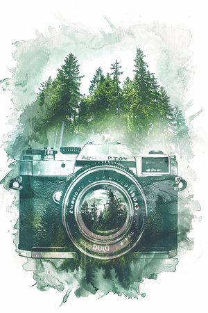 Watercolor illustration of a retro camera with a forest overlay, double exposure for National Photography Dayの素材