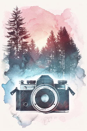 National Photography Day illustration with a watercolor double exposure of a classic camera and forestの素材