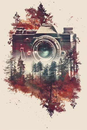 National Photography Day illustration with a watercolor double exposure of a classic camera and forestの素材