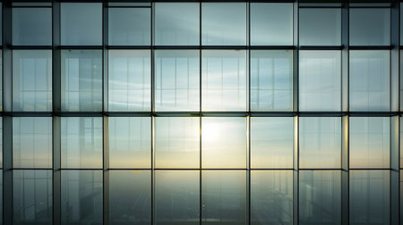 Office window panels in a high-rise building, capturing the tranquil morning light as it filters through the glass, setting a serene atmosphereの素材