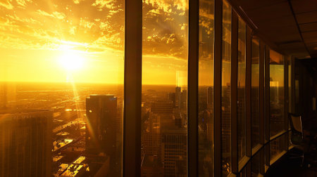 Panoramic morning vista from an office window, revealing the awakening cityscape bathed in the golden light of dawn, signaling the start of a new dayの素材