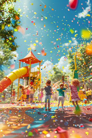 Cheerful kids in a 3D animated playground, celebrating community unity, engaging in fun activities, lively atmosphereの素材