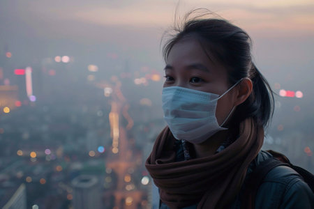 Girl wearing a protective face mask, standing near a polluted cityscape with visible smogの素材