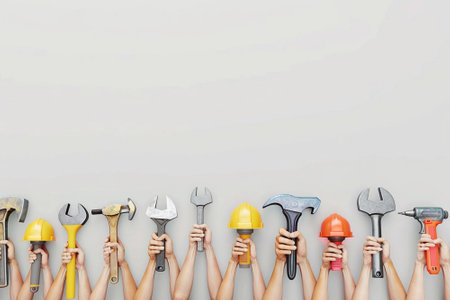 Labor Day celebration with hands holding tools, 3D rendered image, white backdropの素材