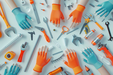 Hands with various working tools, 3D render for Labor Day, white backgroundの素材