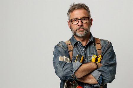 Worker man with safety glasses, holding his tools, looking professional against a plain white backgroundの素材