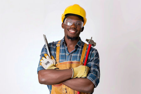 Labor man in safety glasses holding tools, standing confidently against a white backgroundの素材