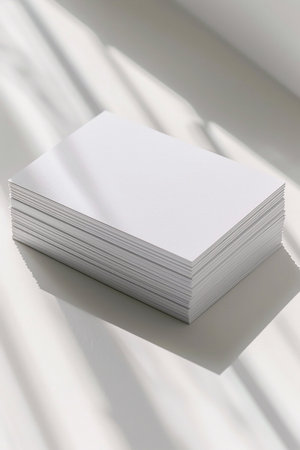 Fan stack of business cards mockup on a white textured paper background, minimalist design, high-angle viewの素材