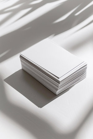 Mockup of a stack of business cards, fanned out on a white textured paper surface, clean and professional lookの素材