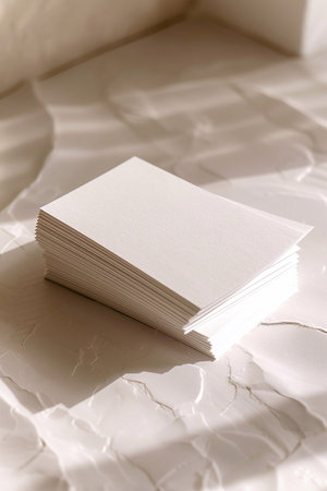 Mockup of a stack of business cards, fanned out on a white textured paper surface, clean and professional lookの素材