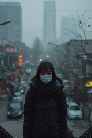 Girl in face mask standing in a city with smoggy sky, highlighting air pollution issuesの素材