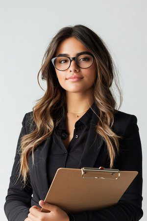 Smartly dressed young female office worker with glasses, holding a clipboard, standing against a plain white backgroundの素材