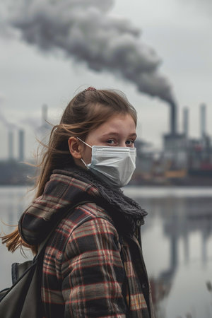 Young girl with face mask, emphasizing air quality issues, industrial landscape filled with smokeの素材