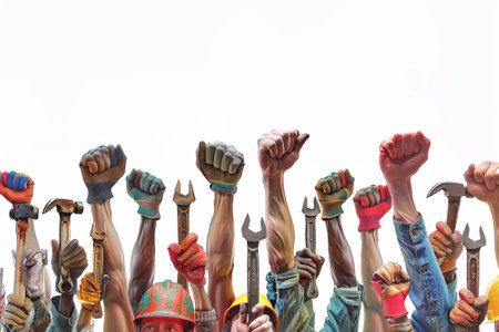 Happy Labor Day depicted by 3D hands holding tools, white backgroundの素材