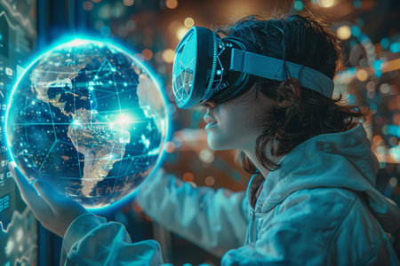 Young scientist in VR goggles, exploring a digital globe in a high-tech environmentの素材