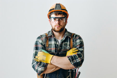 Labor man in safety glasses holding tools, standing confidently against a white backgroundの素材