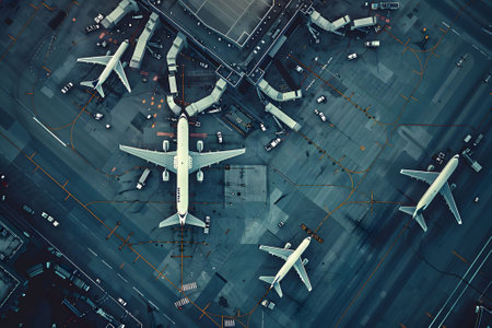Overhead view of a sprawling airport with multiple runways and terminals, planes taxiing on the groundの素材