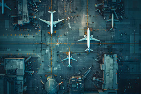 Overhead view of a sprawling airport with multiple runways and terminals, planes taxiing on the groundの素材