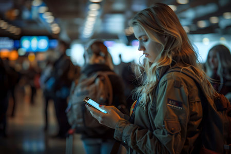 Passengers using mobile devices to check flight information and navigate the airportの素材