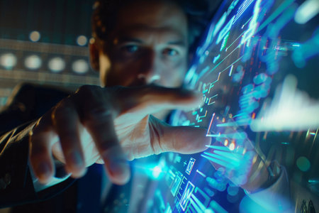Close-up of a businessman engaging with a holographic interface on a tablet, depicting the integration of technology in contemporary business practicesの素材