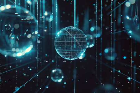 Technology abstract background with floating 3D spheres and complex wireframes, futuristic designの素材