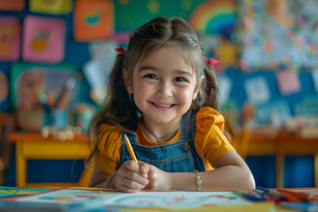High angle shot of a beaming girl using a crayon to draw on paper while seated at a bench in a lively classroomの素材
