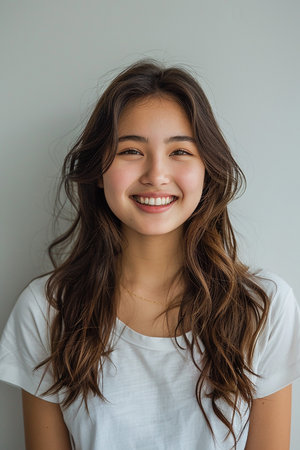 Asian girl with a charming smile, wearing a casual white t-shirt, standing against a clean white background, natural pose, high resolutionの素材
