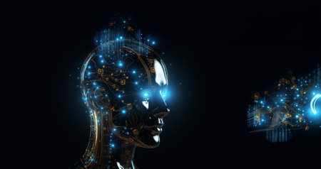 Brain robot stands animated with thick multicolored smoke, full body, high quality face painting, with space for text.の素材