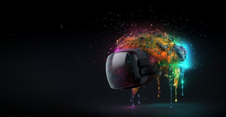 Metaverse, future digital technology for entertainment and games, VR virtual reality glasses, free space for text. Generative AI.の素材