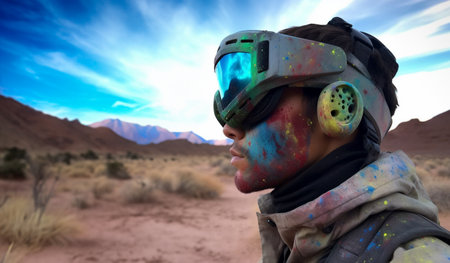 Metaverse, future digital technology for entertainment and games, VR virtual reality glasses, free space for text. Generative AI.の素材