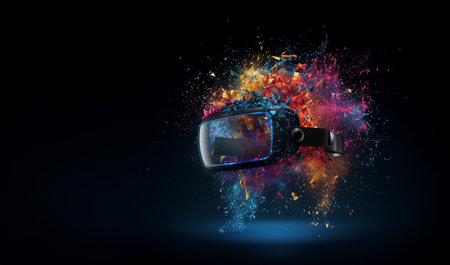 Metaverse, future digital technology for entertainment and games, VR virtual reality glasses, free space for text. Generative AI.の素材