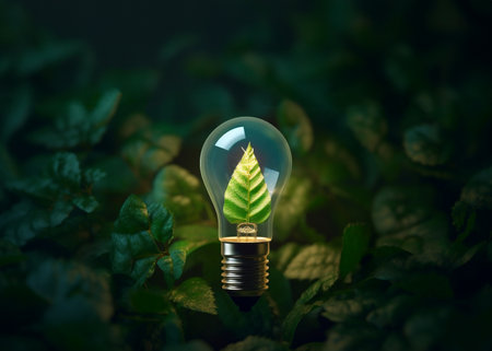 Light bulb on green nature background. AI Generative.の素材