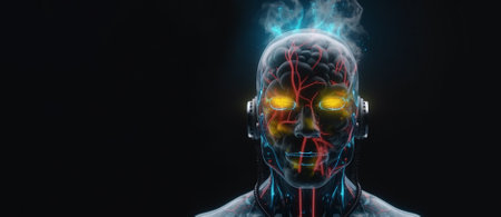 Brain robot stands animated with thick multicolored smoke, full body, high quality face painting, with space for text.の素材