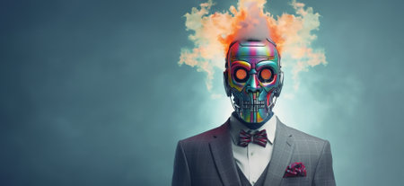 A small robot wearing a suit Standing in motion with thick, colorful smoke, full body, high quality face painting, with space for text.の素材