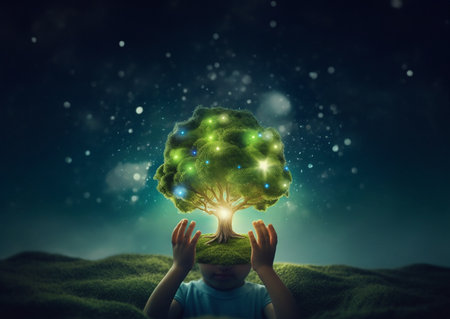 Child holding light bulb on green nature background. AI Generative.の素材