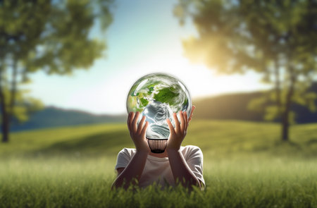 Child holding light bulb on green nature background. AI Generative.の素材