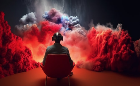 Happy young man using headset to play virtual reality game on sofa, game, future technology concept. AI Generative.の素材