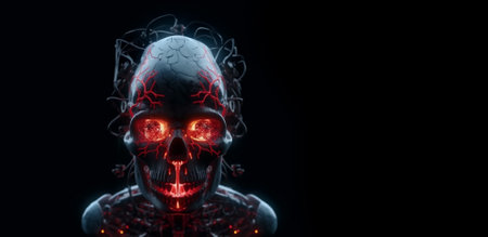 Brain robot stands animated with thick multicolored smoke, full body, high quality face painting, with space for text.の素材