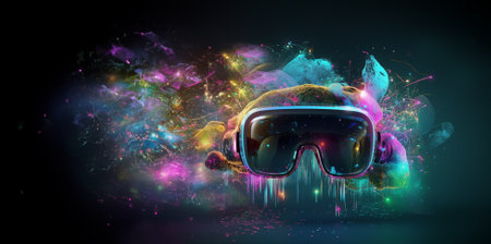 Metaverse, future digital technology for entertainment and games, VR virtual reality glasses, free space for text. Generative AI.の素材