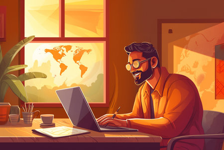 working man sitting at a table in the room through the network on a laptop Freelance work from home and work from home. AI Generative.の素材