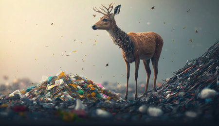A deer in stands near a pile of plastic. Generative AI.の素材