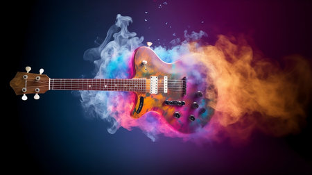 Fantasy electric guitar, Creative explosion on beautiful background. AI Generative.の素材