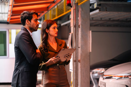 Car salesman talking to male customerの写真素材