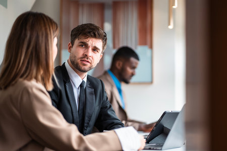 Male mature caucasian ceo businessman leader with diverse coworkers team executive managers group meeting. Multicultural professional businesspeople working together on research plan boardroom.の写真素材