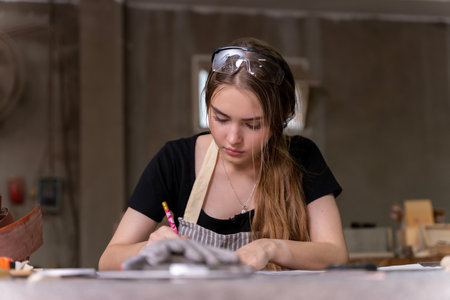 Portrait of a female carpenter drawing on paper for designing and building furniture in a furniture factory. with modern toolsの写真素材